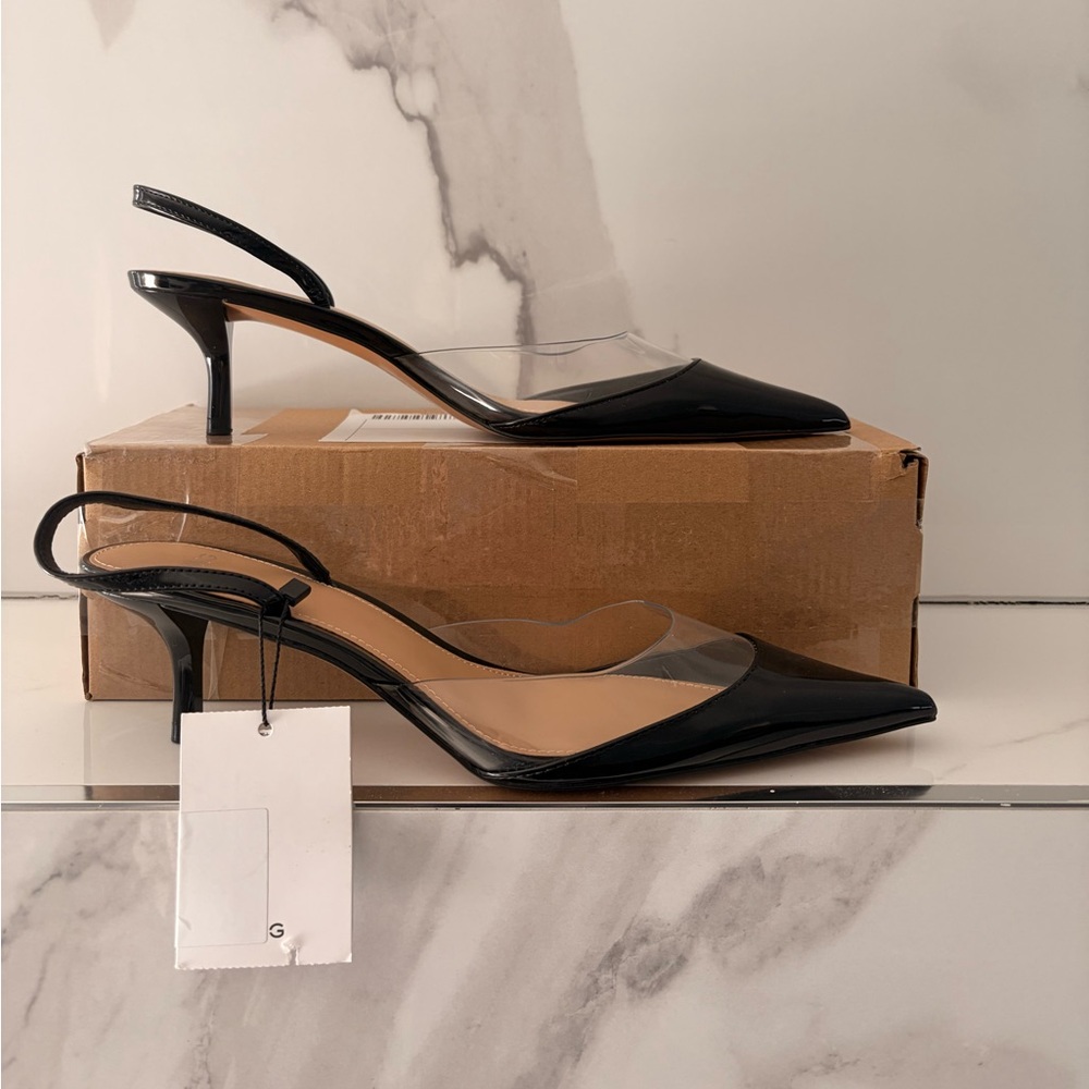 NEW Mango Black Pointed Slingback Pump with Clear Panel Accent Sz 8,5